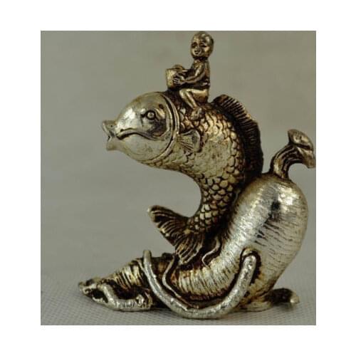 Old Handwork Tibet Silver Carving A Child Sitting On The Fish & Ginseng Statue