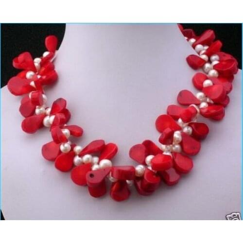 Wedding Woman Jewelry Natural White Freshwater Pearl Red Coral Waterdrop Choker Necklace Handmade Charm