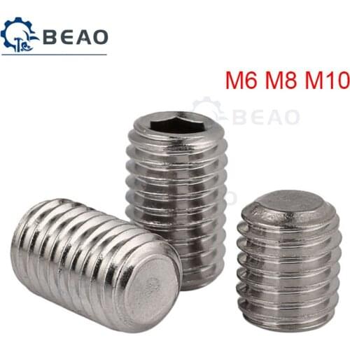 2-50Pcs M6 M8 M10 304 Stainless Steel Metric Thread Flat Point Grub Screws Hex Socket Set Screws Headless