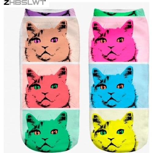 ZHBSLWT 3D Print Animal Pop Art Cat Women Socks Calcetines Casual Cute Character Low Cut Ankle Socks Multiple Colors Harajuku