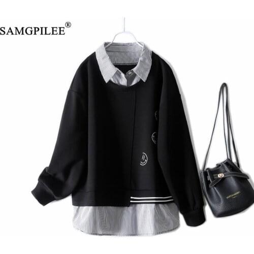 Women Sweatshirt 2021 New Fake Two Piece Korean Style Embroidery Cartoon Pattern Romantic Sweet Loose Hedging Womens Jackets 4XL