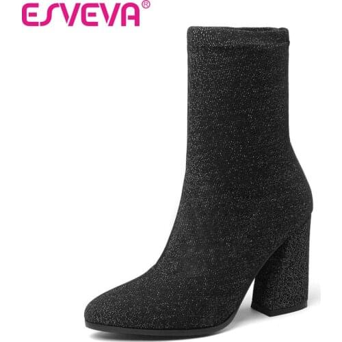 ESVEVA 2020 Women Boots Stretch Fabrics Mid Calf Boots Spring Autumn Shoes High Heels Pointed Toe Ladies Sock Boots Size 34-43