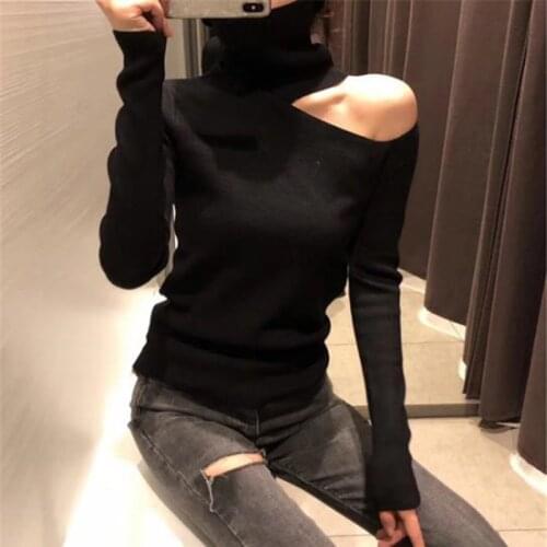 2021 Sexy Knitted Sweater Off Shoulder Pullovers Sweater for Women Long Sleeve Turtleneck Female Jumper Black White Clothing