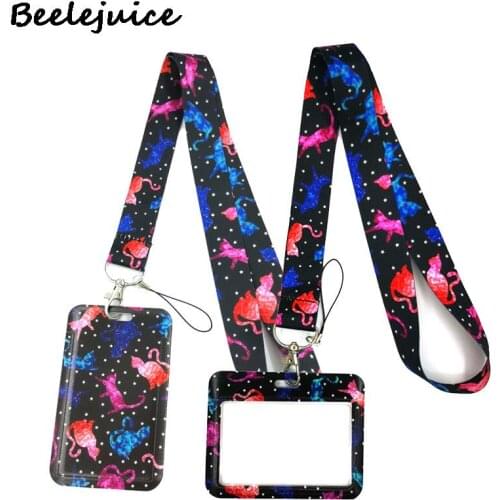 Starry Colorful Cats Lanyard Credit Card ID Holder Bag Student Women Travel Card Cover Badge Car Keychain Decorations Gifts