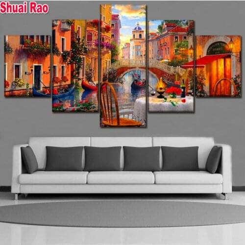 5 Panel diamond painting Venice Restaurant Nightscape 5d diy handmade embroidery full square round drill decor art Landscape,G11