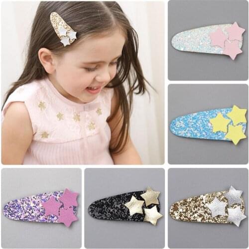 5PCS Great quality colorful glttery kids girls PU stars snap hair clip toddlers sequnins hairpins barrette hair accessories