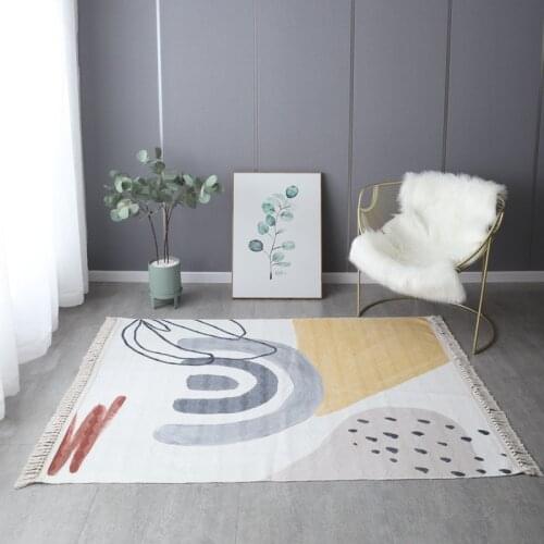 White Yellow Grey Carpet for Living Room Bedroom Cotton Linen Woven Rug Boho Modern Floor Mats Parlor Dining Room Tassel Rug