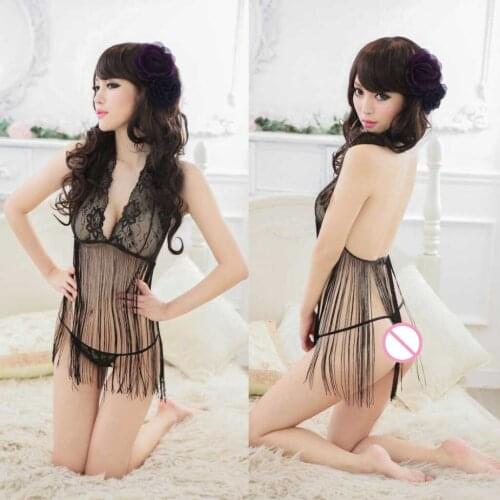 Tassel Blouse Lace Porn Sexy Lingerie Set Transparent Women Halter Top Erotic Underwear Ladies Panties Breast Exposing Dress Sex