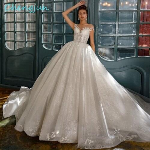 Chengjun 2020 Luxuries Sequin Custom Ball Gown Lace Appliqued Wedding Dresses For Bride