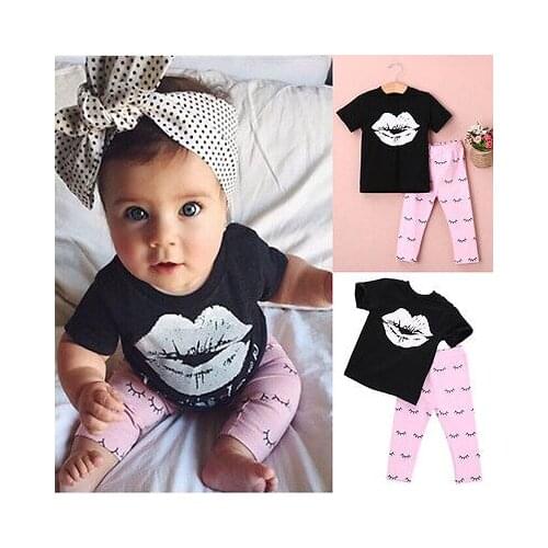 Citgeet Kids Baby Girls summer clothes set 2pcs suit Lips Tops and eyelash Pink Pant childrens clothing sets