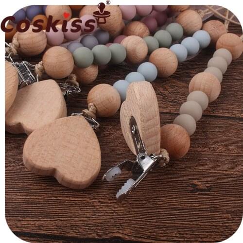 Coskiss Animal Beech Wooden Baby Pacifiers Clip Food Grade Silicone Beads Infant Toddler Pacifier Holder Anti-Drop Chain