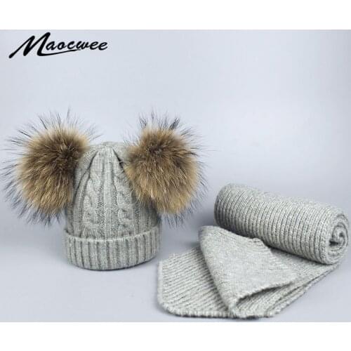 Child Knitted Scarf and Hat Set Skullies Winter Warm Crochet scarves with Real fur pom Beanie Hat for boys and girls 0-3 years