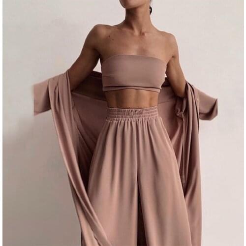 Elegant Three Piece Sets Sexy Crop Tops For Women High Waist Long Pants Sportswear Ladies 2021 Casual Soft Homewear Tracksuit