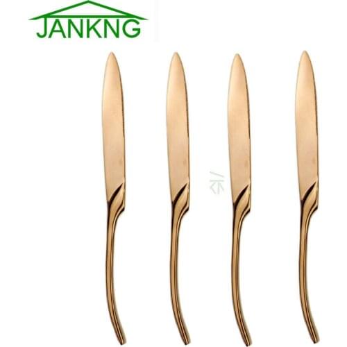 JANKNG 4Pcs/Lot Luxury Rose Dinner Knife Dinnerware Set Stainless Steel Flatware Knife Set Tableware Cutlery Steak Knives Set