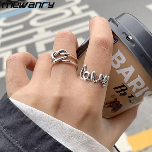 Mewanry 925 Sterling Silver Love Heart Letter Rings for Women Korean Vintage Creative Unique Party Jewelry Gifts Prevent Allergy