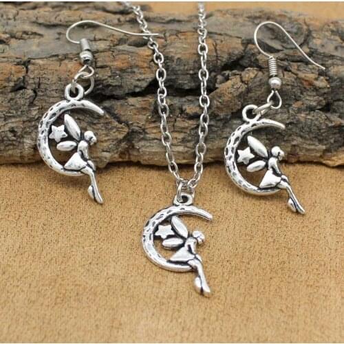 Trendy Popular Jewelry Sets Antique Silver Fairy on Moon with Star Pendant Necklace Earrings For Women Girls Party Gift