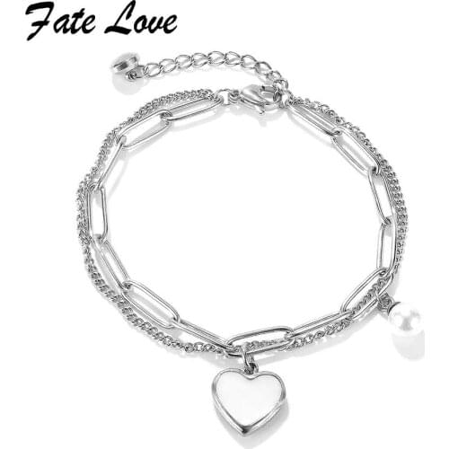 FATE LOVE Brand Trendy Lady Women Heart Charm Bracelet Mulit Layered Top Quality Stainless Steel Metal Fashion Jewelry