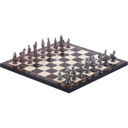Metal Chess set-Set-Antique-Trojan Chess Figures and Mdf, Walnut Patterned Chessboard-Gift