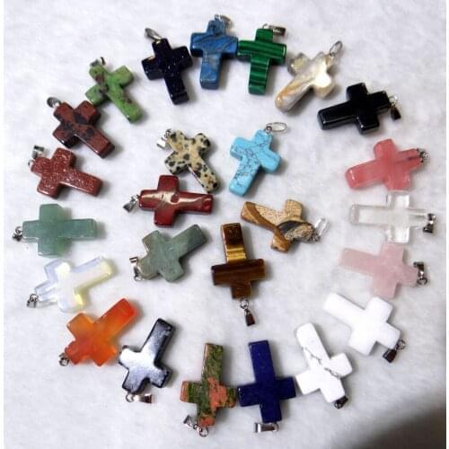 Natural Stone Quartz Crystal tiger eye Turquoises Opalite Unakite Mix Onyx Charms Cross Pendants For Jewelry Making necklace