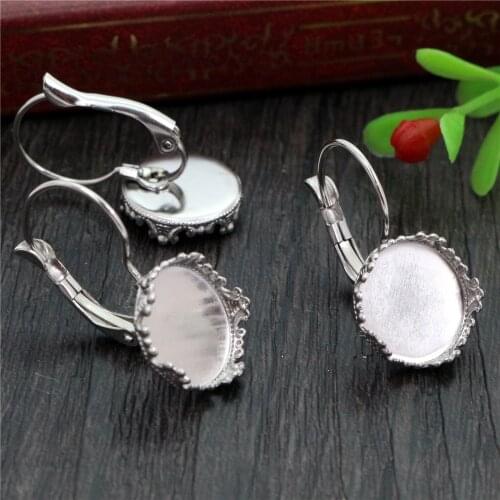 No Fade ) 12mm 10pcs Stainless Steel Crown French Lever Back Earrings Blank/Base,Fit 12mm Glass Cabochons,Buttons (L3-24)