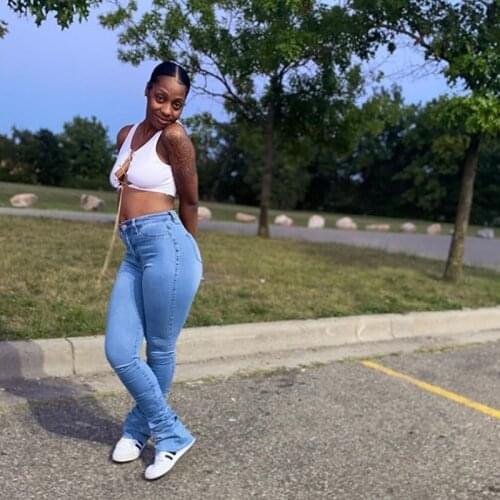 Autumn 2020 Fashion Casual Skinny High Waist Zipper Pencil Pants Hole Jeans Women Solid Street Wild Blue Stacked Leggings Denim