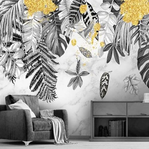 Custom Photo Wallpaper Modern Hand Drawn 3D Black And White Tropical Leaves Marble Mural Living Room TV Sofa Home Decor Frescoes