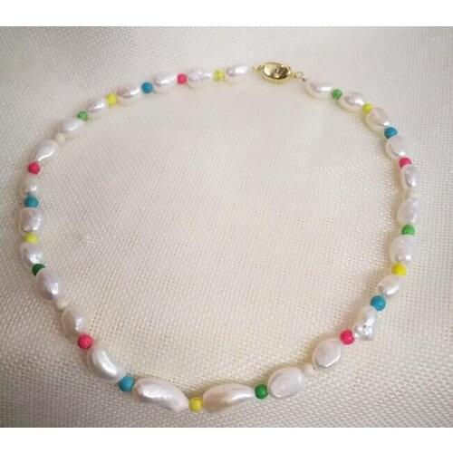 4mm colorful beads 10mm 11mm 13mm white baroque freshwater pearl mixed Necklace gold clasp Woman Jewelry irregular pearl