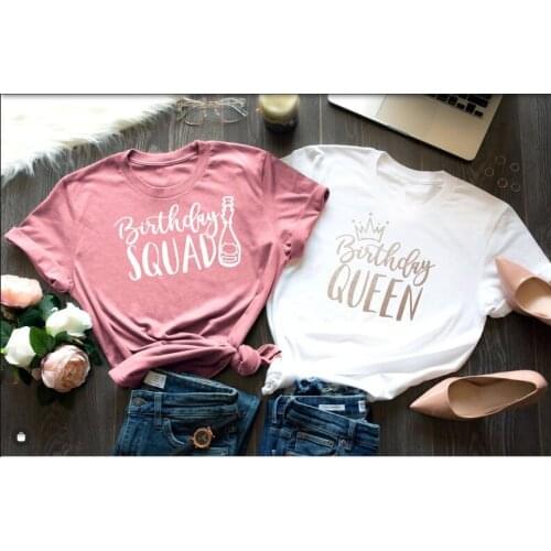 Birthday Party Squad Queen for Women Crew Shirts Women Cotton O Neck Shirt Fashion Print T-shirt Casual Short Sleeve Female Tops