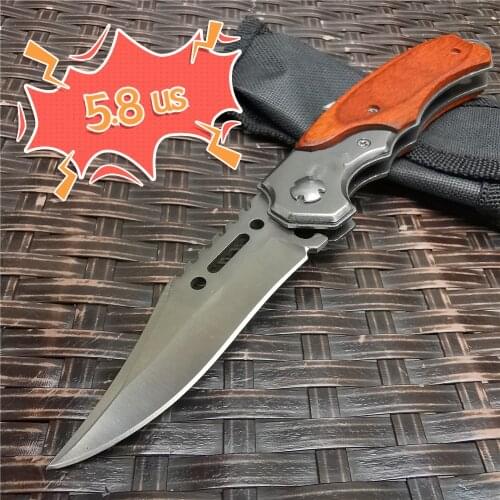 7CR13MOV Stainless Steel Folding Knife, Wooden Handle with LED Light, Multi-function Camping Tool, Outdoor Pocket Knife