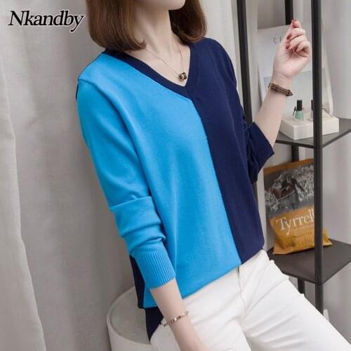 Plus Size V-neck Knitted Sweaters Women 2020 Autumn Winter Trendy Patchwork Korean Ladies Pullovers Jumpers Oversized Knit Tops