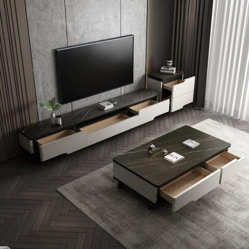 Rock Plate TV Cabinet Tea Table Three-Piece Nordic Solid Wood Small Apartment Living Room TV Floor Cabinet