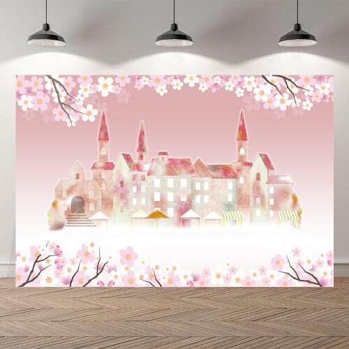 Seekpro Spring Castle Princess Baby Shower Birthday Backdrop Background Girls Flowers Party Carriage Palace Forest Cherry Pink