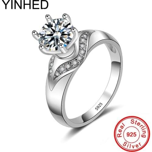 YINHED Classic Six Claw 2ct AAA+ Cubic Zirconia Wedding Rings for Women Jewelry 100% 925 Sterling Silver Engagement Ring ZR444