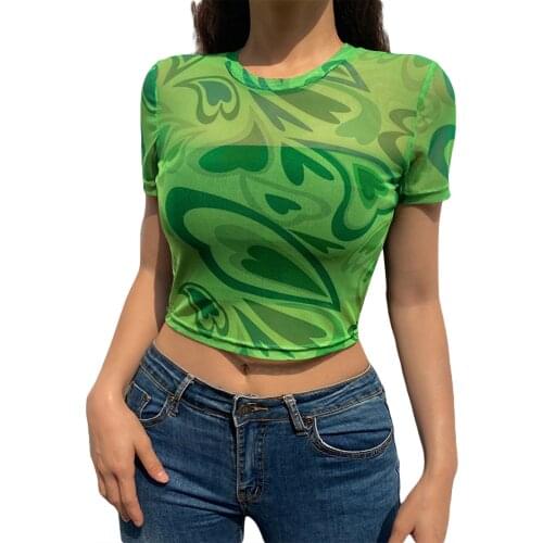Ladies Summer Sheer Round Collar T-shirt Creative Abstract Heart Printing Slim Base Short Sleeve Mesh Midriff-baring Tops