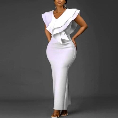 Women White Long Dress V Neck Ruffles Mother Of The Bride Dress Sexy Celebrate Bodycon Event Occasion Vestidos Female Robes