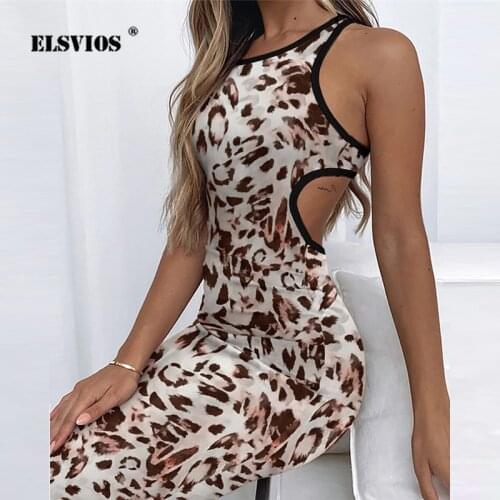 Sexy Slim Bodycon Dress Women Summer O-neck Sleeveless Hollow Out Dress Ladies Elegant Leopard Print Party Long Dresses Vestidos