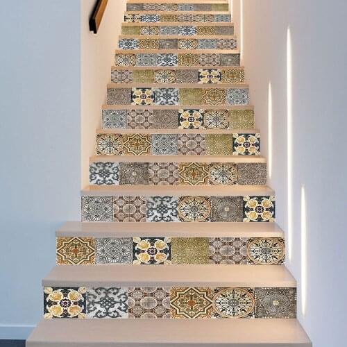 13pcs/set Floral Stitching Stair Stickers Staircase Home Decoration Wall Decals Art Mural Peel & Stick Waterproof PVC Wallpaper