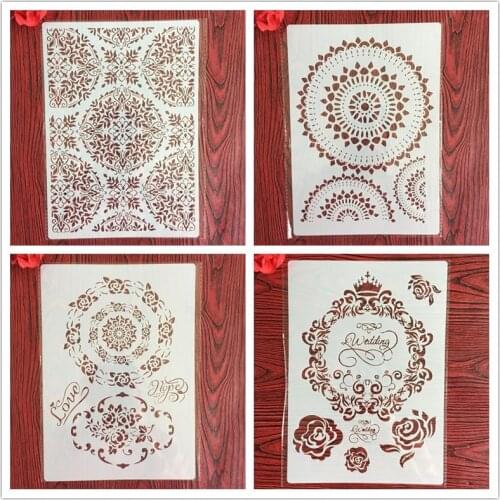 4pcs / set A4 wreath Stencils Painting Coloring Embossing Scrapbook Album Decorative Template for walls letter stencils