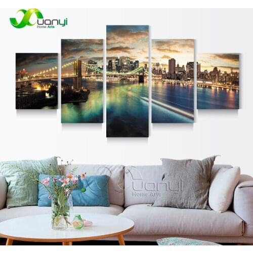5 Panel City Bridge Landscape Oil Canvas Painting Nightscape Cuadros Decor Wall Art Pictures For Living Room Unframed PR1293