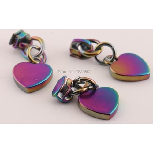 5pcs/lot Metal rainbow color zipper sliders DIY Heart Shape Design zipper Puller head for Sewing Tool
