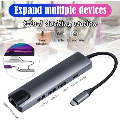 5-in-1 USB-C Hub with Ethernet Port 4K HDMI-compatible Output 2 USB3.0 Ports 65W PD Fast Charging for Macbook Type-C Devices