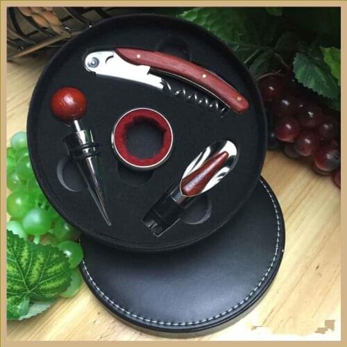 Free shipping Red Wine Bottle Opener 4Pcs In One Set with Black Leather Gift Box Wines Accessory