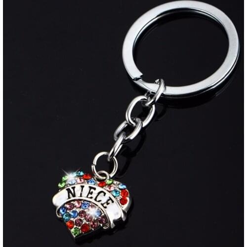 Bespmosp 12PC/Lot Trendy Family Love Niece Heart Crystal Keyring Pendant Jewelry Keychain Gift For Niece Charm Key Chain Jewelry