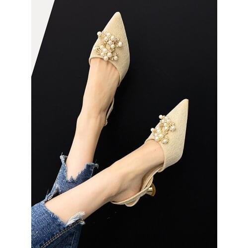 Sandals women 2021 new summer lady temperament all-match pearl pointed stiletto high heels with buckle