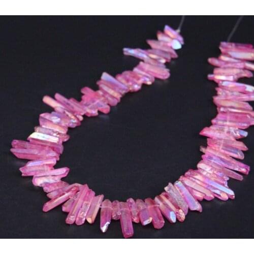 15.5"strand Pink Titanium Crystal Quartz Top Drilled Point Beads,Rose Red Raw Crystal Stick Pendant Beads For Jewelry Making