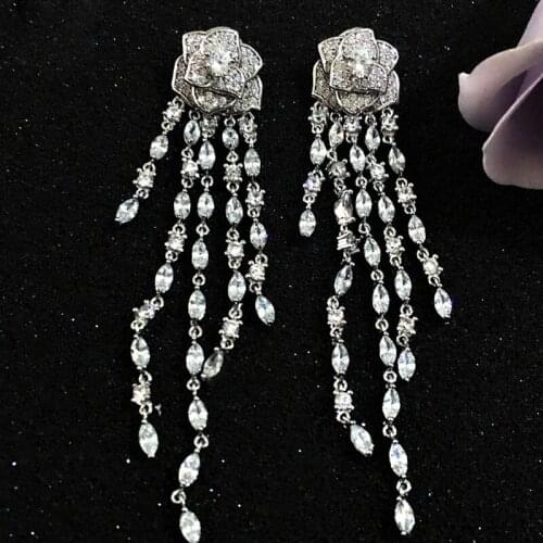 DOKOL Romantic Rose Flower Zircon Wedding Drop Earring With Silver Color Marquise Cut Clear Crystal Tassel Earrings DKE0125