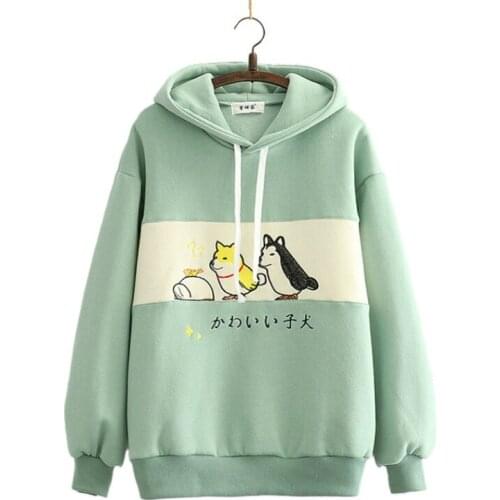 Fleece Womens Hoodies Pullover Cartoon Embroidery Hooded Sweatshirt 2020 Winter Long Sleeve Warm Top Harajuku Loose Top