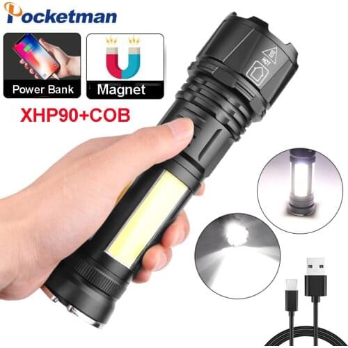 2021 XHP90 Flashlight 5 Lighting Modes Led Torch USB Rechargeable Tactical Flashlight With Sidelight use 26650 Battery