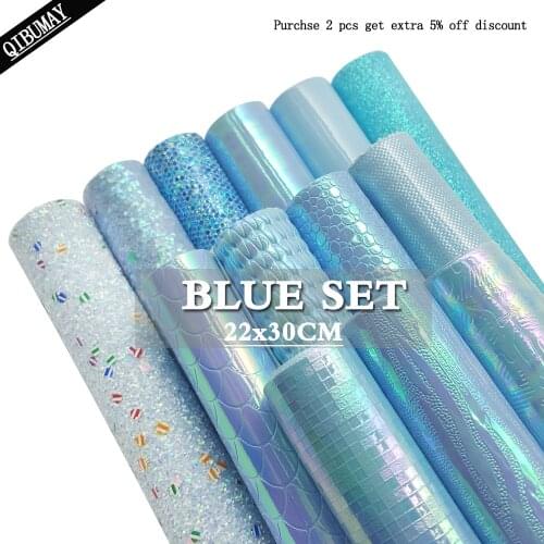 QIBU 22*30cm Blue Holographic Fabric For Bow Bags Faux Leather Snake Chunky Glitter Fabric PU Leather Sewing Synthetic Leather