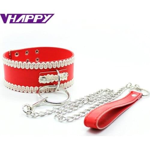 Sex Products Leather Sex Slave Bondage Collar With Chain Leash Adult Sex Restraint Neck Collar For Couples Sex Game VP-CR003027A